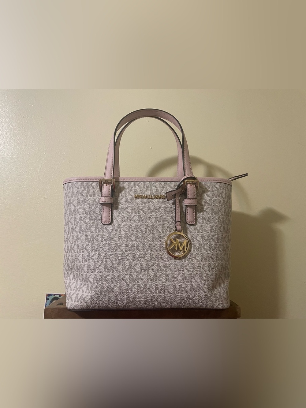 Michael Kors Vanilla MK Signature Tote with Pink Trim